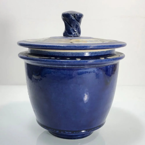 Frog Valley Artisans Handmade Blue Glazed Pottery Pot with Lid - Picture 3 of 9